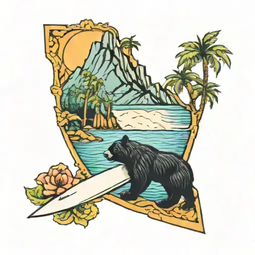 Mountains Chef Knife Grapevine Black Bear Ganesha Lotus Flower Palm Tree Mountains Surf Lifeguard Tower York Blvd Street tattoo design idea