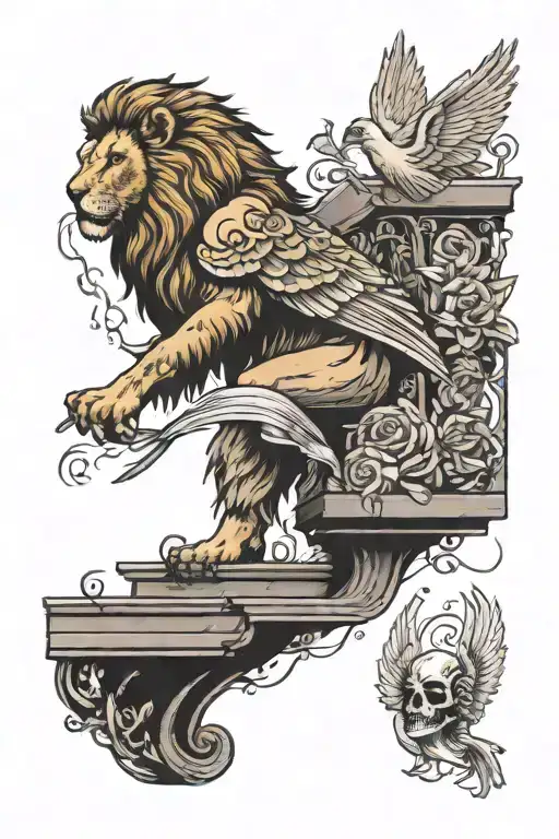 a leg sleeve, with a death mural put lion, stairs to heaven, a dove flying  tattoo design idea