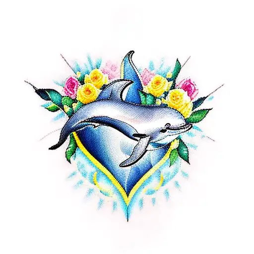 A traditional tattoo design featuring a dolphin and yellow roses intertwined in a heart shape tattoo design idea