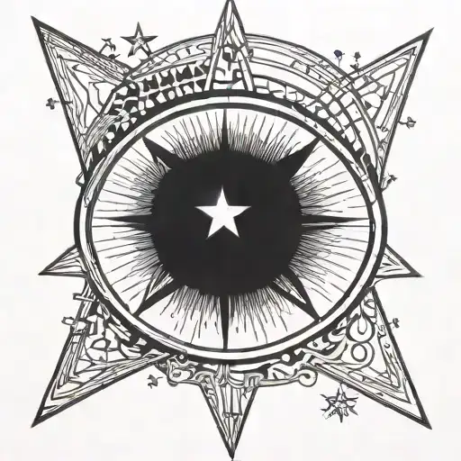 Outline of an oval shaped eye slightly squinted with a 5 point star in the retina tattoo design idea