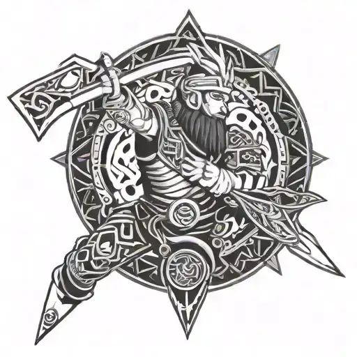 A fusion tattoo design combining elements from Naruto and Viking mythology, such as a Viking warrior with Naruto's signature headband, wielding a sword with chakra energy flowing around it tattoo design idea