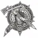 A fusion tattoo design combining elements from Naruto and Viking mythology, such as a Viking warrior with Naruto's signature headband, wielding a sword with chakra energy flowing around it tattoo design idea