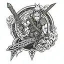 A fusion tattoo design combining elements from Naruto and Viking mythology, such as a Viking warrior with Naruto's signature headband, wielding a sword with chakra energy flowing around it tattoo design idea