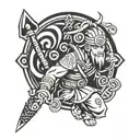 A fusion tattoo design combining elements from Naruto and Viking mythology, such as a Viking warrior with Naruto's signature headband, wielding a sword with chakra energy flowing around it tattoo design idea