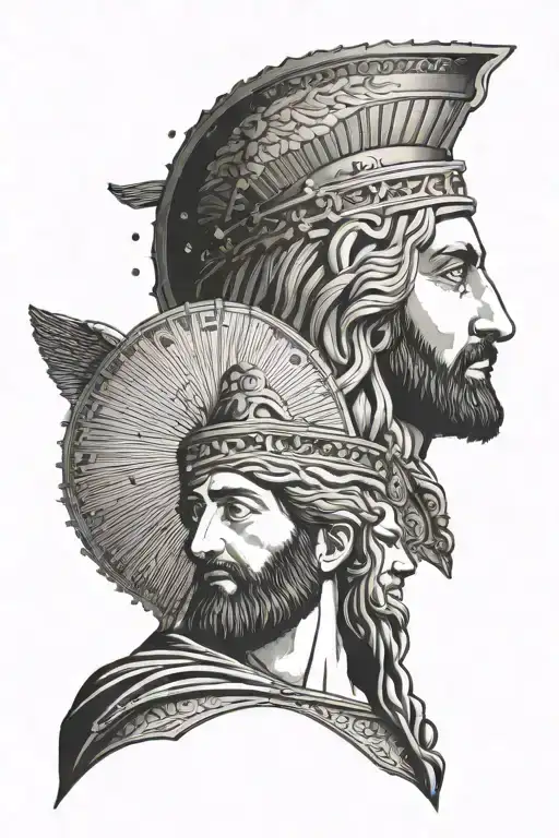 An image made of the two figures of Cyrus the Great and Jesus Christ along with the tomb of Cyrus the Great and a flying tattoo design idea