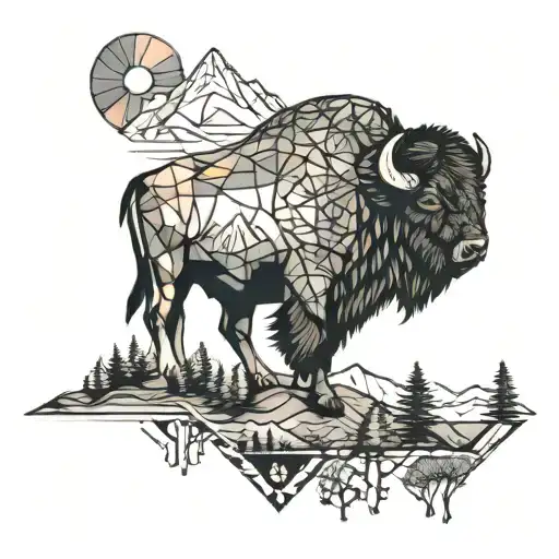 Bison and Mountains and Trees and Sunset and camping and campfire tattoo design idea