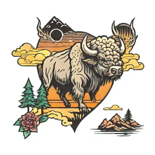 Buffalo and Grateful Dead and Pit Bull and Mountains and Trees and Nature and Sunset tattoo design idea