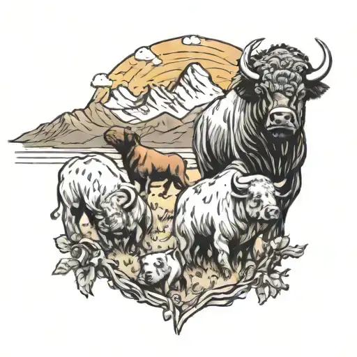 Buffalo Herd and Grateful Dead Bears and Pit Bull and Mountains and Trees and Nature and Sunset tattoo design idea
