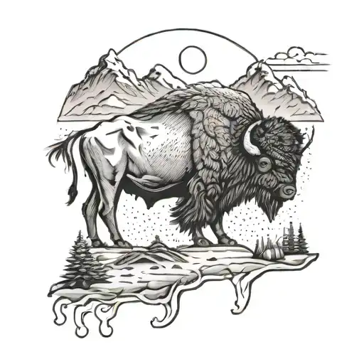 Bison and Mountains and Trees and Sunset and camping and campfire tattoo design idea