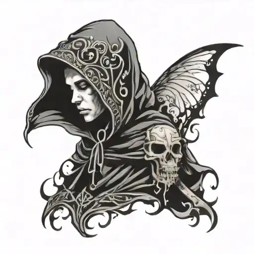 dark veil on hooded figure tattoo design idea