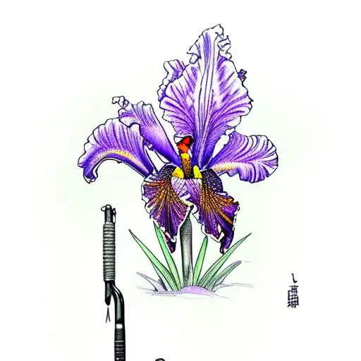 purple iris with a red cardinal, fishing rod, and an American flag tattoo design idea
