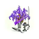 purple iris, cardinal, and a fishing pole with a signature on handle tattoo design idea