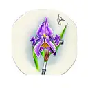purple iris, cardinal, and a fishing pole with a signature on handle tattoo design idea