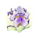 purple iris, cardinal, and a fishing pole with a signature on handle tattoo design idea