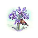 purple iris, cardinal, and a fishing pole with a signature on handle tattoo design idea