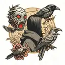 itachi uchiha and haniball lecter from silence of the lambs facing opposite shoulde to shoulder and death moth and crows tattoo design idea