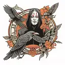 itachi uchiha and haniball lecter from silence of the lambs facing opposite shoulde to shoulder and death moth and crows tattoo design idea