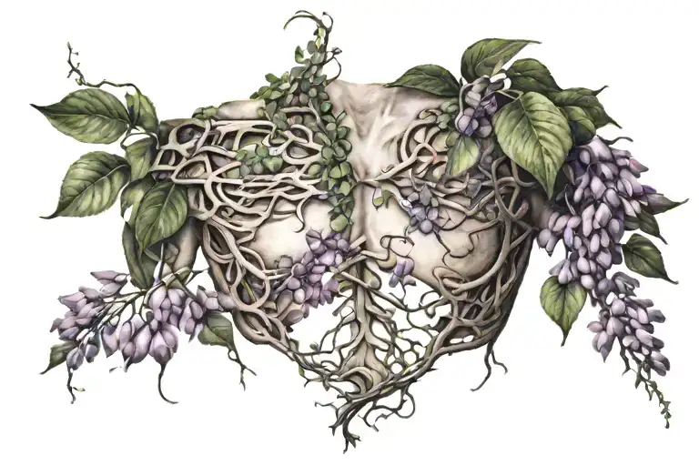 broken ribs covered in vines and wisteria flowers intertwined tattoo design idea