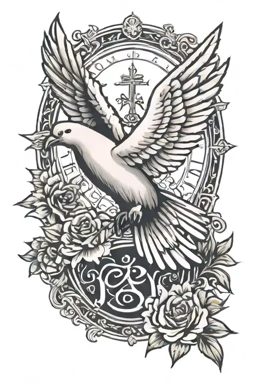 design with dove with a Jesus silhouette in the background and add a cross and the date may 26 2007 in Roman numerals  tattoo design idea