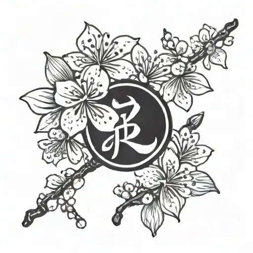 Cherry Blossoms with the Love symbol in Kanji tattoo design idea