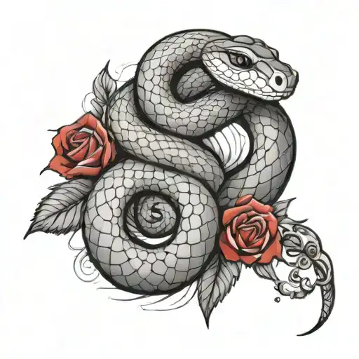 a snake that goes around the arm, white and red snake, and it's scales have mini roses on them,goes around the chest too tattoo design idea