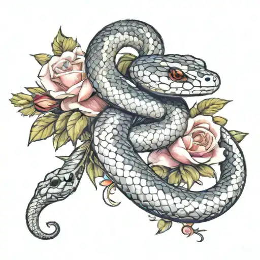 a snake that goes around the arm, white and red snake, and it's scales have mini roses on them,goes around the chest too tattoo design idea