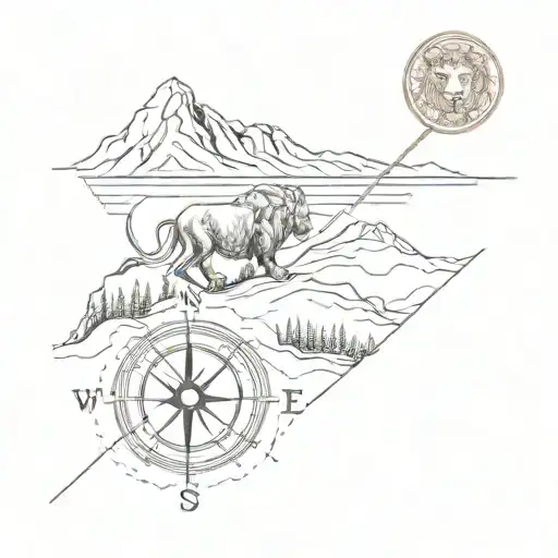 A compass needle pointing towards a hiking trail leading up a mountain, with a lion silhouette in the background tattoo design idea