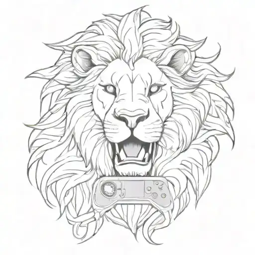 A majestic lion silhouette with a gaming controller in its mouth tattoo design idea