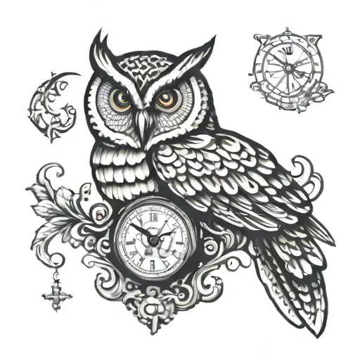 owl and antique clock tattoo design idea