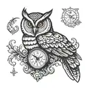 owl and antique clock tattoo design idea
