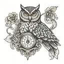 owl and antique clock tattoo design idea