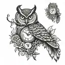 owl and antique clock tattoo design idea