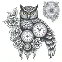 owl and antique clock tattoo design idea