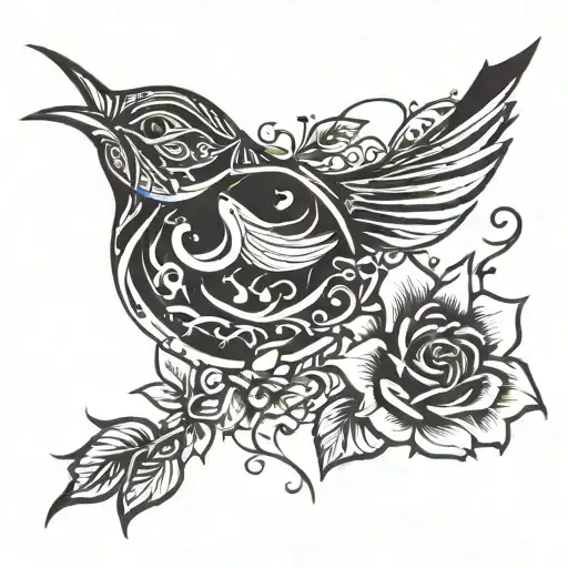wren bird rose tattoo design idea