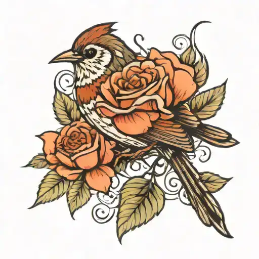 wren bird rose tattoo design idea