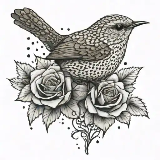wren bird rose tattoo design idea