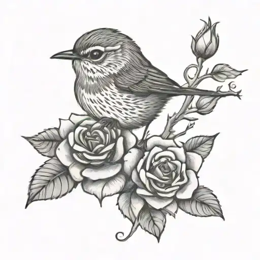 wren bird rose tattoo design idea