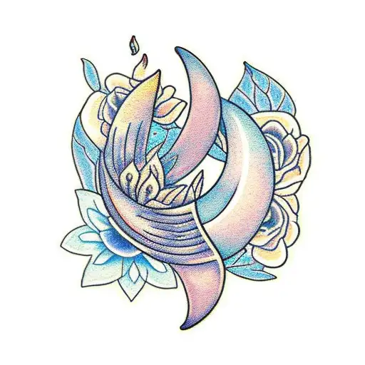 crescent moon with flowers tattoo design idea