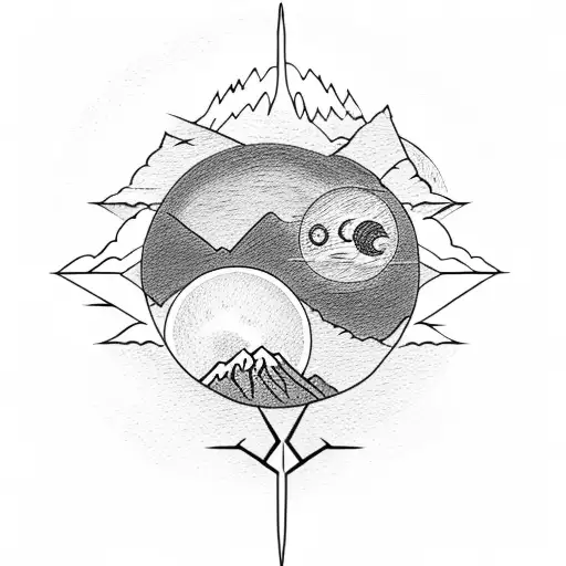 mount everest with river and sun ,moon, sunset and sunrise tattoo design idea