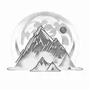mount everest with river passing through hills in band tattoo and sun on one side  ,moon on other , sunset and sunrise tattoo design idea