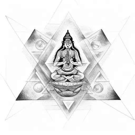 A dotwork tattoo of a Hindu deity meditating within a triangle, symbolizing the harmony of spirituality and software tattoo design idea