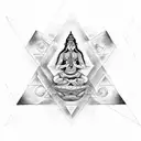 A dotwork tattoo of a Hindu deity meditating within a triangle, symbolizing the harmony of spirituality and software tattoo design idea