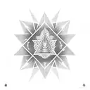 A dotwork tattoo of a Hindu deity meditating within a triangle, symbolizing the harmony of spirituality and software tattoo design idea