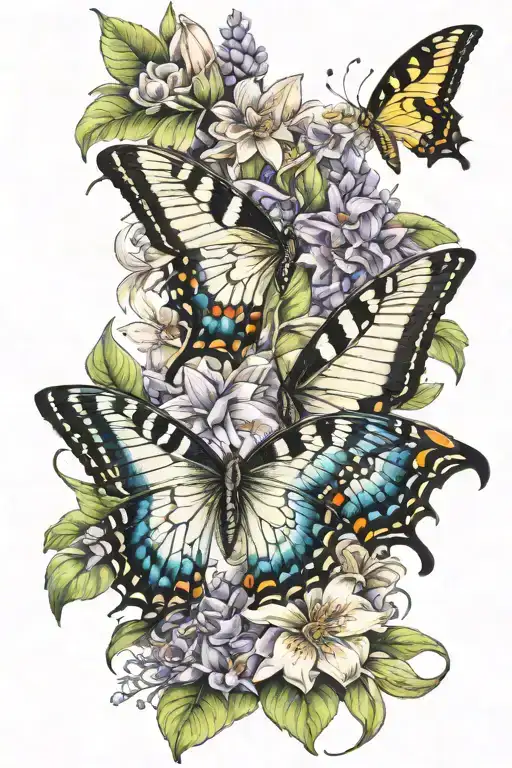swallowtail butterfly design with butterfly bush flowers, lillies and a Luna moth, this will go on a thigh tattoo design idea