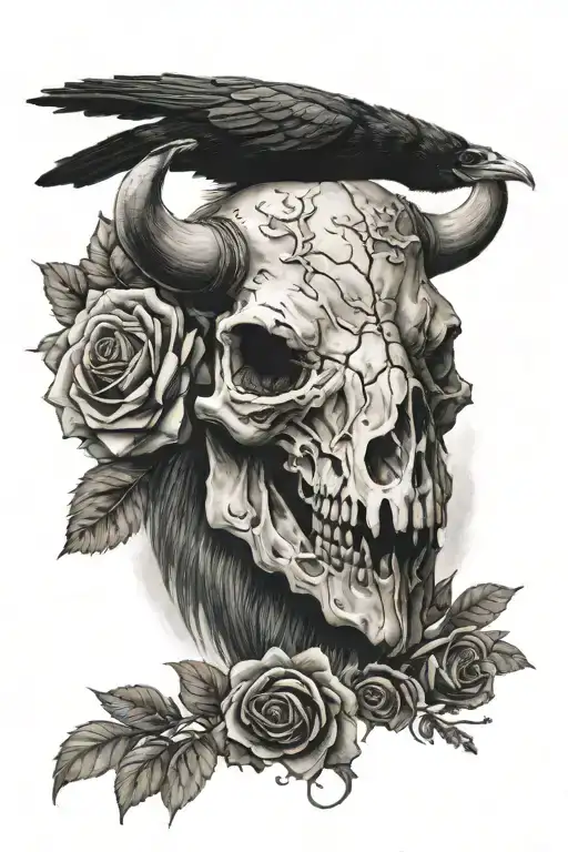 bison skull, roses, raven sitting tattoo design idea