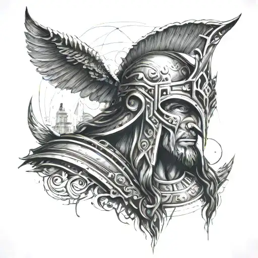 Ares appears in the fog in a linear way, it is a very detailed tattoo, there are fine illustrators.  tattoo design idea
