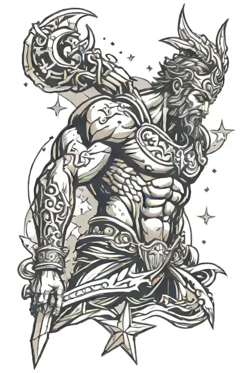 Greek God Ares hanging in the sky, with stars behind him(eril)  tattoo design idea