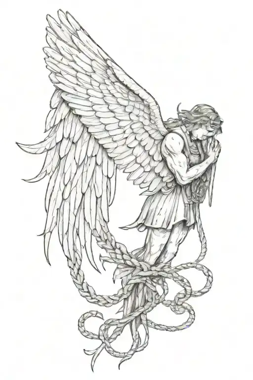 fallen angel wings tied together with rope tattoo design idea
