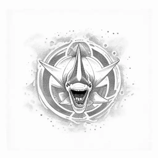 Un tiburón poderoso emergiendo del agua con el número 97 en su aleta dorsal tattoo design idea