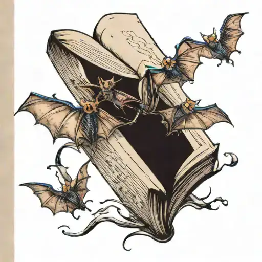 opened book where little bats come out of the inside which are transformed with magic, there is nothing around the book tattoo design idea